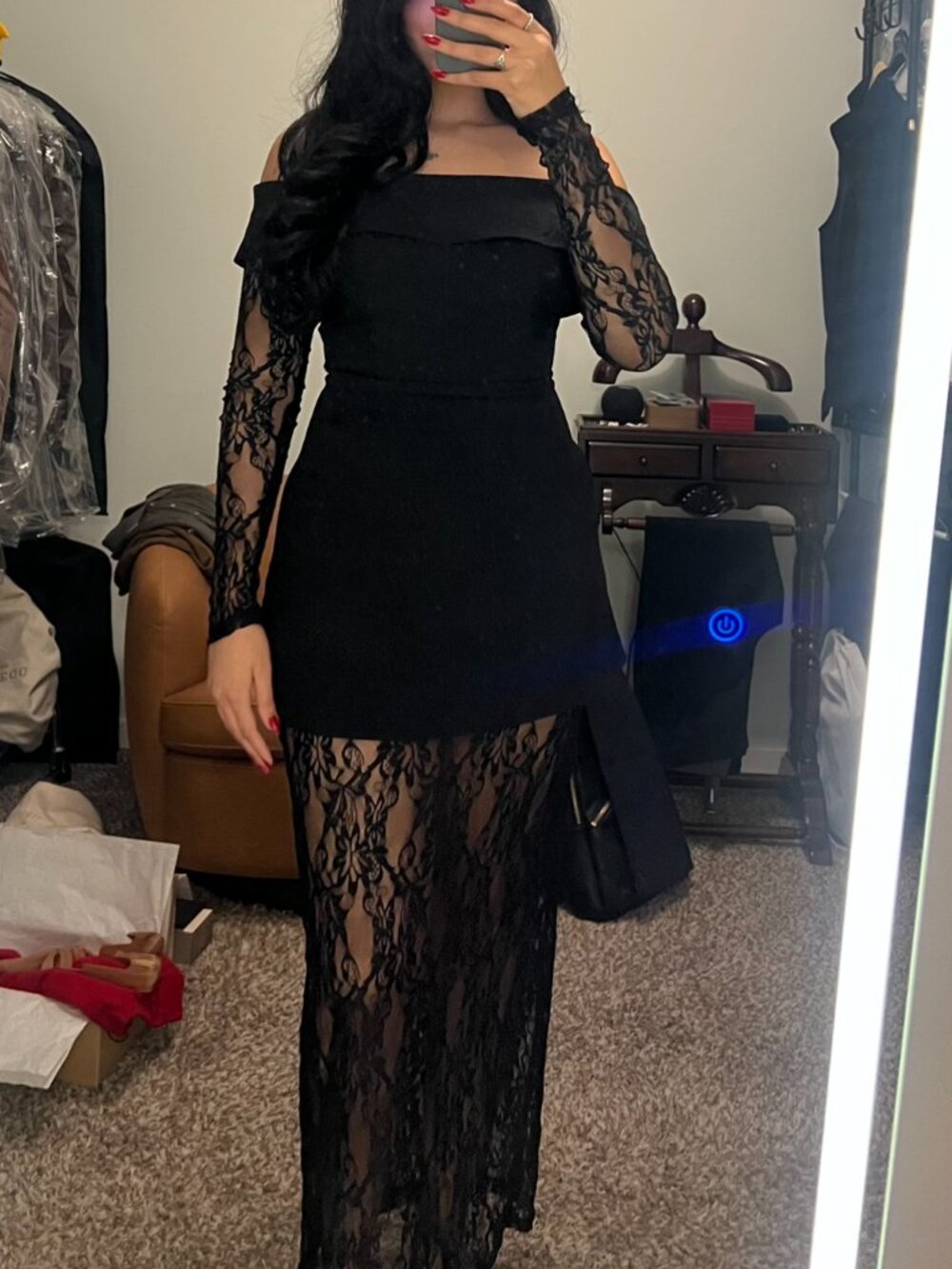 Black Lace Off Shoulder Maxi Dress – Women’s Size [M TALL] – Elegant Lace Dress